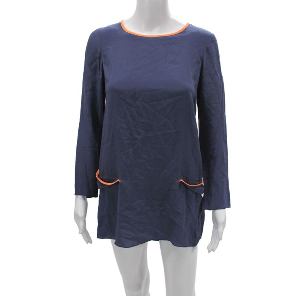 Shakuhachi Women Blue Silk Tunic Blouse Long Sleeve Round Neck Size XS